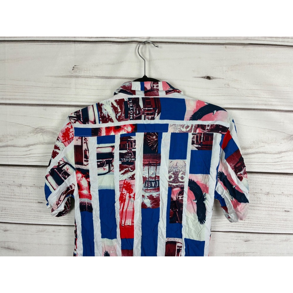 No Boundaries Mens Americana Eagle Motel Collage Stripe Button Up Shirt Blue XS - Picture 8 of 12